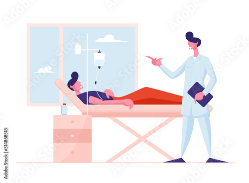 Medicine Health Care Concept. Doctor Wearing Medical Robe Visiting Patient Lying with Dropper in Bed at Hospital Chamber. Medical Check Up, Sick Man Recovery Process Cartoon Flat Vector Illustration