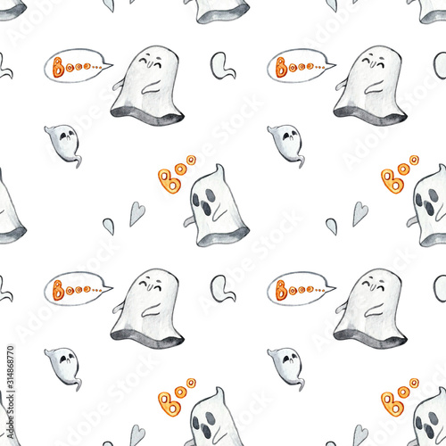 Watercolor ghost. Hand painted Halloween illustration isolated on white background. Magic characters for design, print, background, poster, postcard.