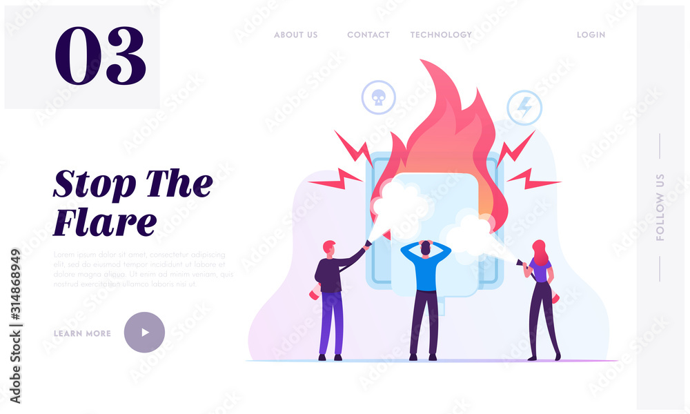 Electrical Safety Website Landing Page. People with Extinguishers Put Out Fire Electric Wiring Socket. Short Circuit Overload Electrical Connection Web Page Banner. Cartoon Flat Vector Illustration