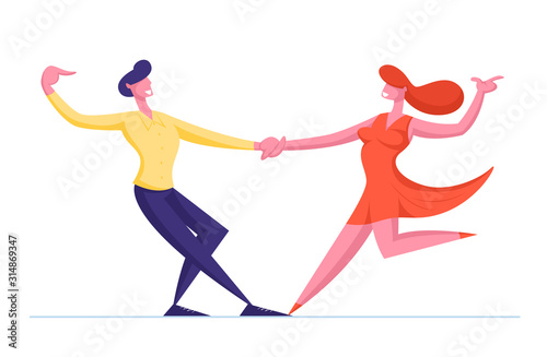 Young Couple Sparetime with Dancing. People Active Lifestyle, Man and Woman in Loving or Friendly Relations Spend Time Together. Disco or Tango Dance Leisure or Hobby. Cartoon Flat Vector Illustration