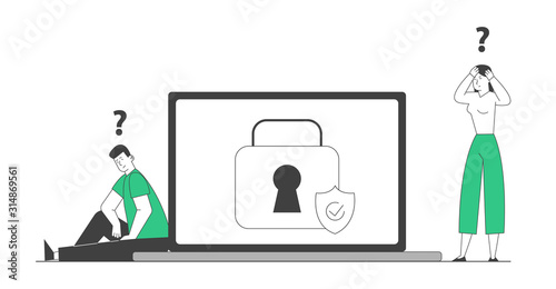 Sad Confused Man and Woman Sitting near Huge Laptop with Padlock and Shield on Screen Trying to Remember Lost Password for Profile and Account in Internet. Cartoon Flat Vector Illustration, Line Art
