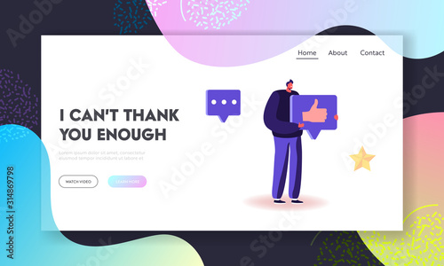 Follower Giving Like to Media Blogger or Post in Internet Network Website Landing Page. Male Character Holding Huge Thumb Up Sign, Social Media Mobile Web Page Banner. Cartoon Flat Vector Illustration