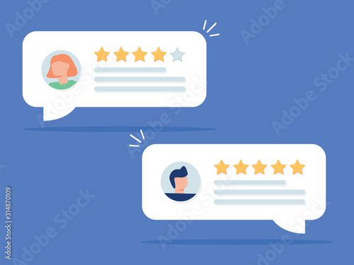 User reviews online. Customer feedback review experience rating concept. User client service message.