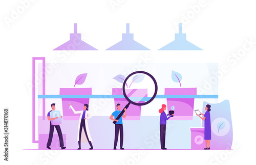 Hydroponics Garden Concept. Farmers Working at Greenhouse with Organic Hydroponic System Growing Vegetable and Plant in Water Based Nutrient Rich Solution without Soil Cartoon Flat Vector Illustration