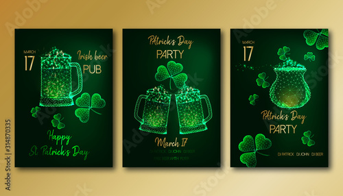 Saint Patrick Day party flyers set with glowing low poly beer mugs, clover leaves and gold pot