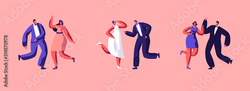 Love Wedding Day and Marriage Event Set. Groom in Suit Dancing with Bride in White Dress. Young Happy Couple Getting Married. Friends and Girlfriends Dancing nearby. Cartoon Flat Vector Illustration