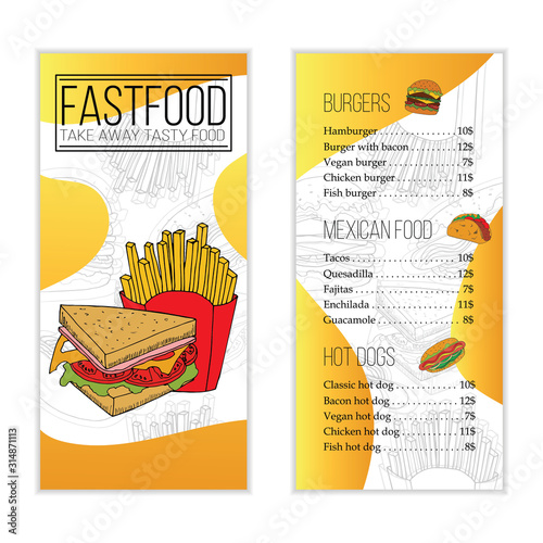 Fast food menu template. Cartoon illustration for design and web.