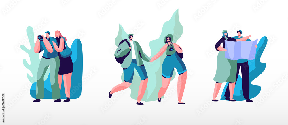 Obraz Set of Young People with Backpacks, Photo Camera and Maps Traveling Abroad. Travel Agency Service, Exotic Country Traveling Trip, Summertime Vacation. Active Lifestyle Cartoon Flat Vector Illustration
