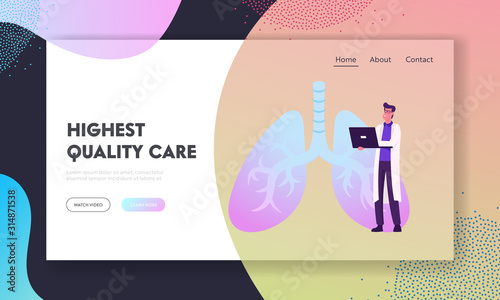 Pulmonology Website Landing Page. Doctor Working on Laptop Watching Lungs X-rays Image on Computer Screen Checking Analysis Results. Lung Diagnosis Web Page Banner. Cartoon Flat Vector Illustration