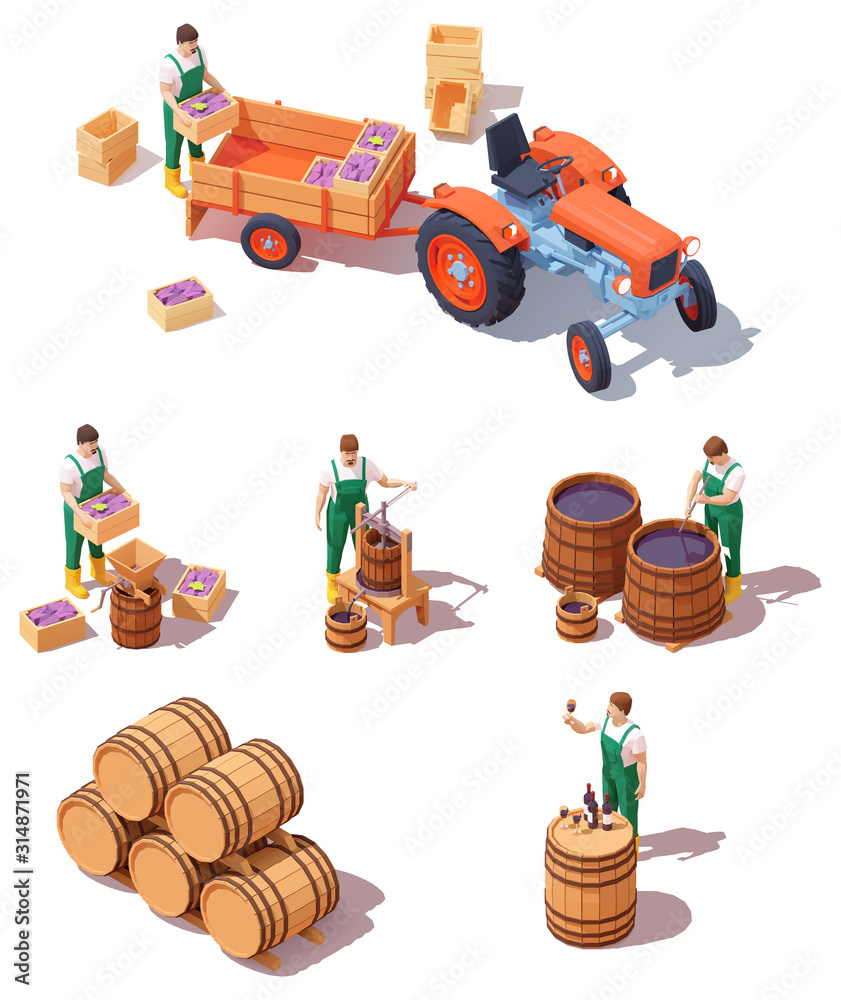 Vector isometric wine making equipment. Wine makers on grapes ...