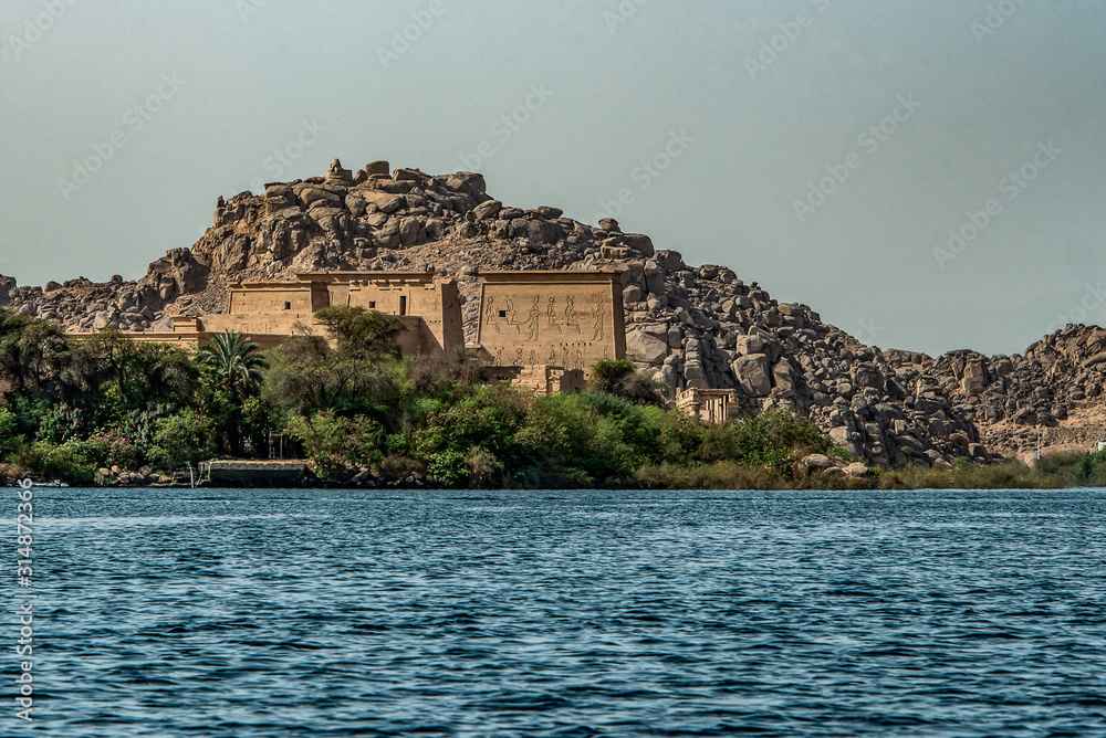 The temple of Isis from Philae at its current location on Agilkia Island in Lake Nasser, Egypt.