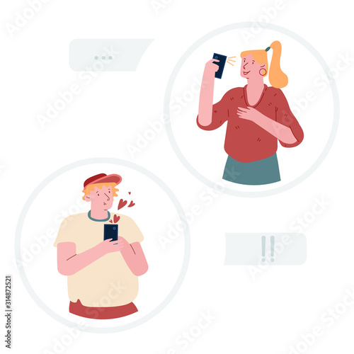 Gadgets Addiction Concept. Young Woman Making Selfie on Smartphone, Teenage Boy Love Chatting or Virtual Dating in Internet. People Use Technologies for Communication Cartoon Flat Vector Illustration