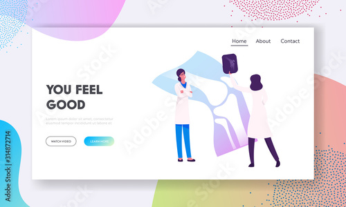 Medical Concilium, Healthcare Website Landing Page. Doctor Traumatologist Look at X-ray Picture with Limb Fracture Discuss Treatment with Colleague Web Page Banner. Cartoon Flat Vector Illustration
