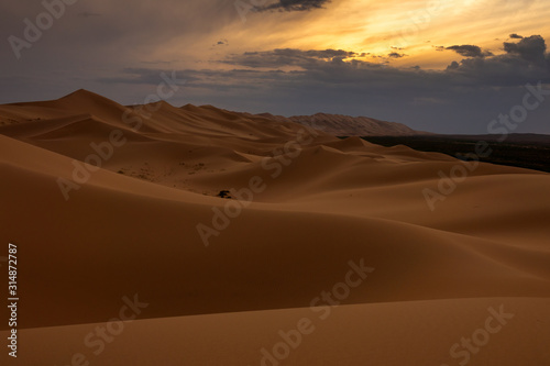 Landscape of the sand dunes Hongoryn Els in Gobi Desert at sunset, Mongolia