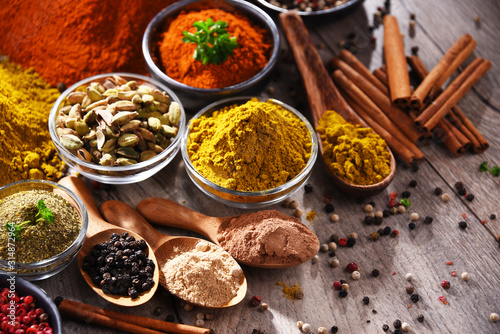 Variety of spices on kitchen table