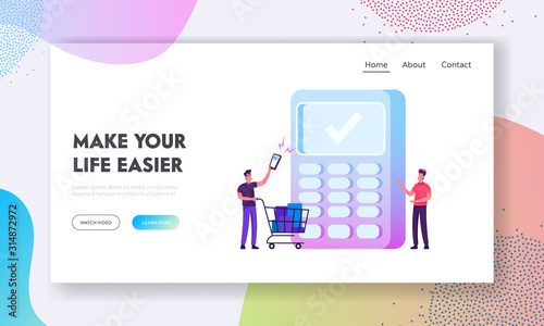 Cashless Paying Website Landing Page. Man Buyer Holding Smartphone with Application for Online Payment Pushing Trolley with Purchases to Cashier Desk Web Page Banner. Cartoon Flat Vector Illustration