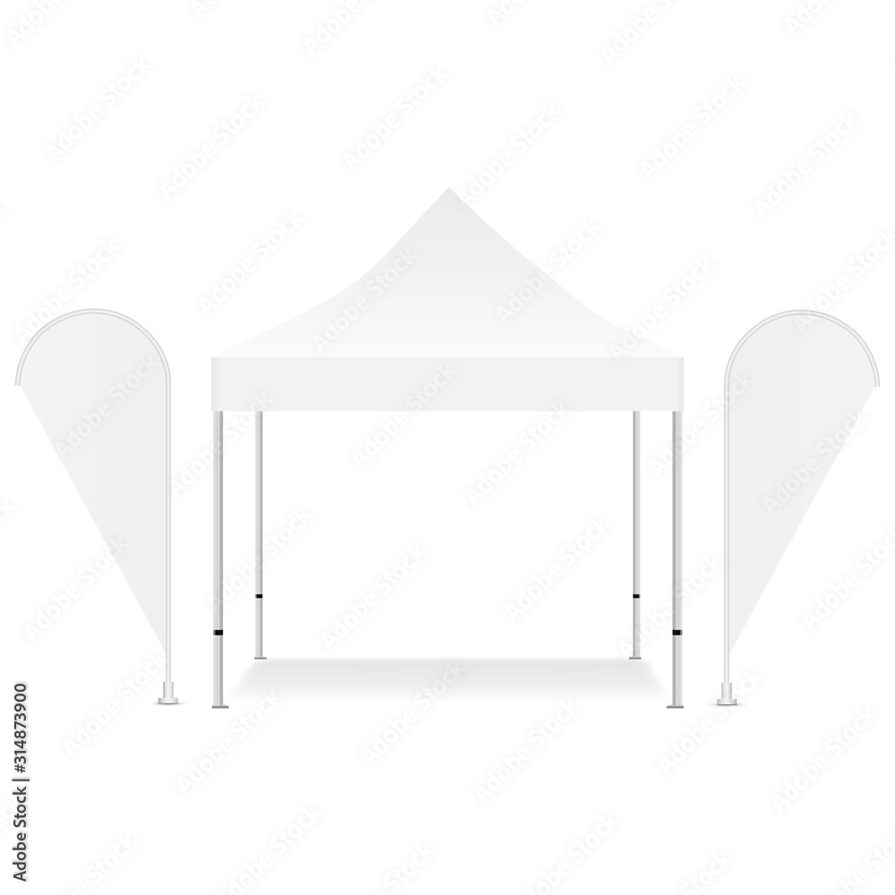 Blank square canopy tent with two promotional flags isolated on white background. Vector illustration - obrazy, fototapety, plakaty 