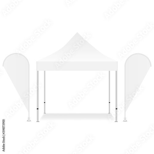 Blank square canopy tent with two promotional flags isolated on white background. Vector illustration