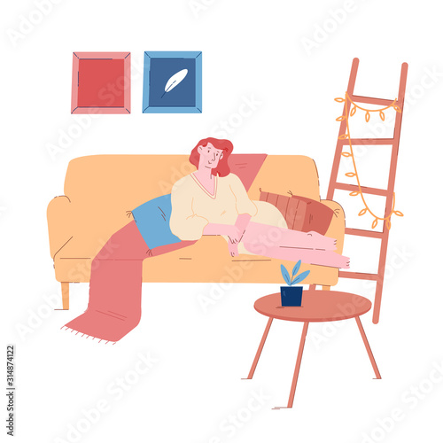 Young Woman in Bathrobe Relaxing on Sofa at Home with Garland. Evening Weekend Sparetime, Female Character Lying on Cozy Couch at her Apartment after Work or in Hotel. Cartoon Flat Vector Illustration
