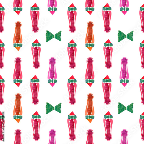 Seamless pattern with red ballet and green bow