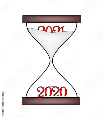 hourglass. sand falls asleep in 2020. opens 2021year. the year is coming. go away. vector illustration.