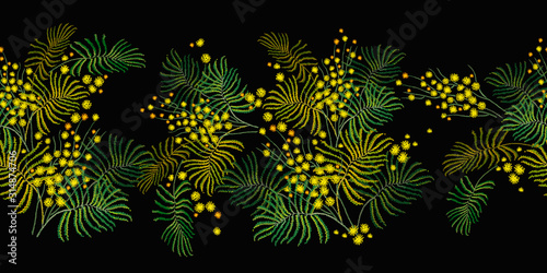 Embroidery bouquet yellow mimosa. Horizontal seamless pattern. Spring art. Fashion template for clothes  textiles  t-shirt design