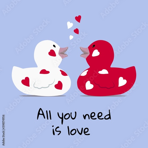 Valentines day greeting card a cute couple of bath rubber ducks facing each other with floating hearts red and white background