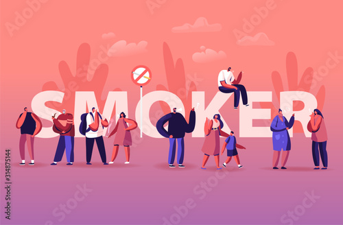 Smoker and Smoking Addiction Concept. Young and Old People Smoke Cigarettes and Pipe in Public Place. Male and Female Characters Bad Habit Poster Banner Flyer Brochure Cartoon Flat Vector Illustration