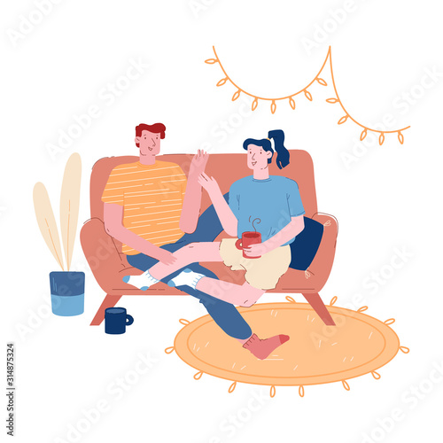 Male Female Characters Together on Weekend Evening. Young Loving Couple Sitting on Couch in Living Room Drinking Tea, Chatting. Love Leisure Family Sparetime Day Off Cartoon Flat Vector Illustration