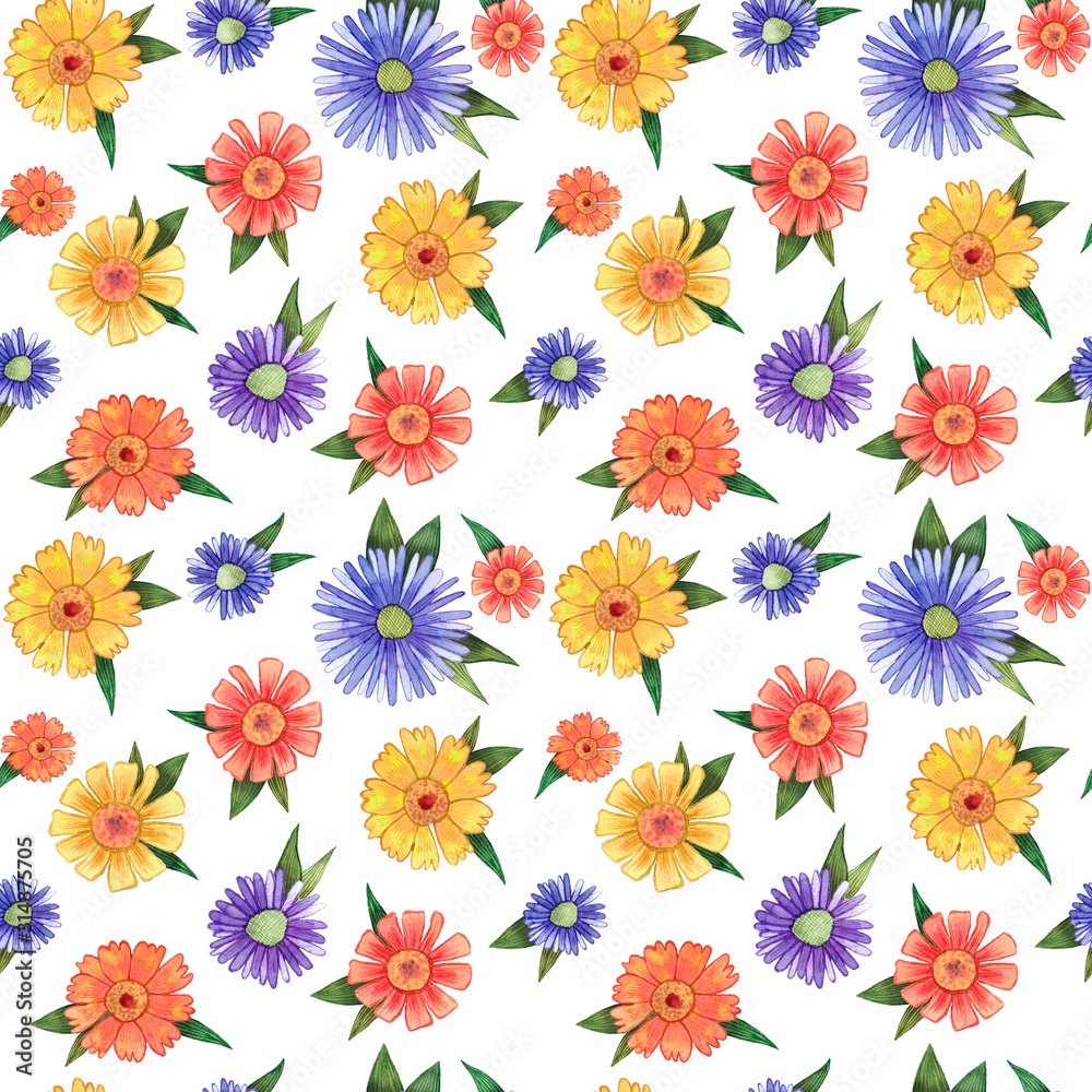 Seamless pattern with different watercolor autumn mini-composition flower Seamless pattern with different watercolor autumn mini-composition flower