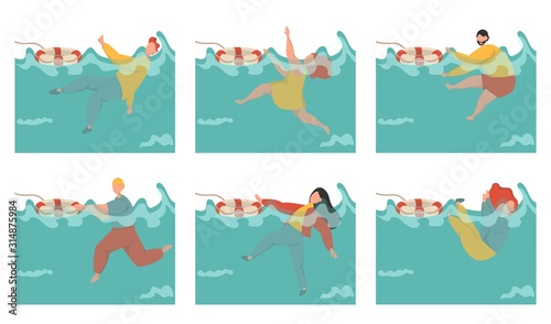 A collection of people drowning in the sea. Men and women are fighting for their lives. Emergency during summer vacation. First aid for drowning. Flat cartoon vector illustration