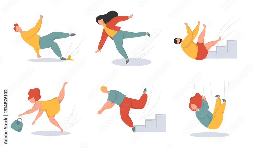 Falling people flat vector illustrations set. Men and women stumbling and falling down stairs characters. Bad luck, misfortune, fiasco. Business failure, company crash concept.