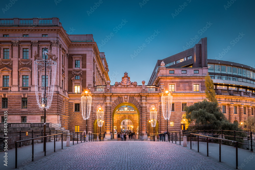 Stockholm city center with Riksdak parliament building at twilight, Sweden, Scandinavia