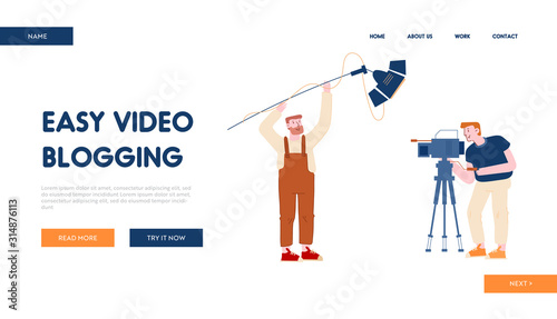Video Blogging Website Landing Page. Male Staff with Camera Equipment and Spotlight Recording Vlog or Internet Post. Movie Making Process Broadcasting Web Page Banner. Cartoon Flat Vector Illustration