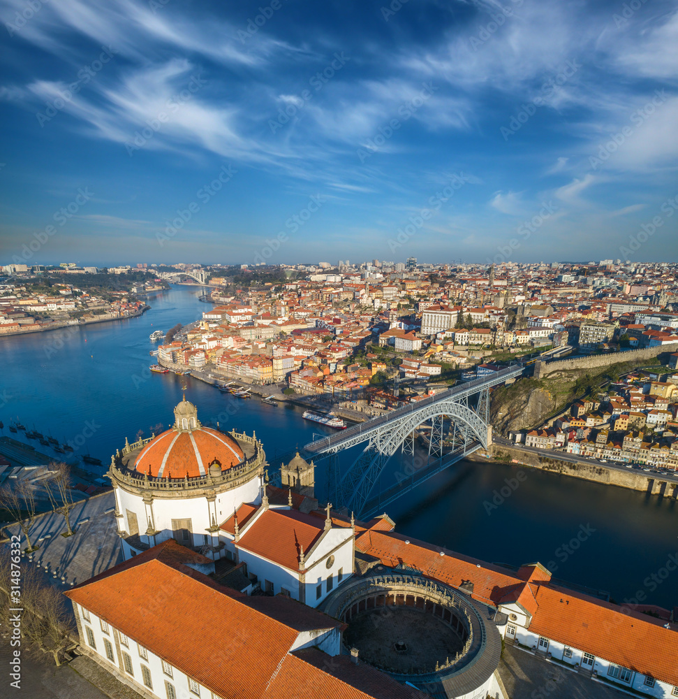 Aerial view of Serra do Pilar Monastery and Dom Luis Bridge in Porto at morning, Portugal