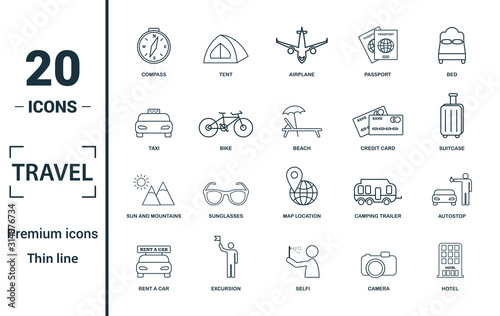 Travel icon set. Include creative elements compass, aircraft, taxi, credit card, sun and mountains icons. Can be used for report, presentation, diagram, web design