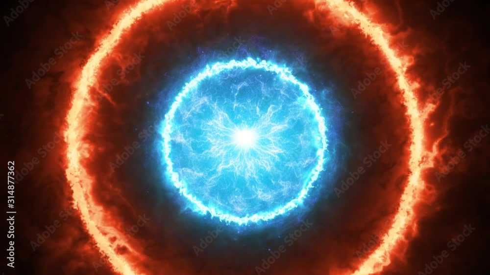 Blue Energetic Sphere In The Dark Space Shooting By Fiery Rings