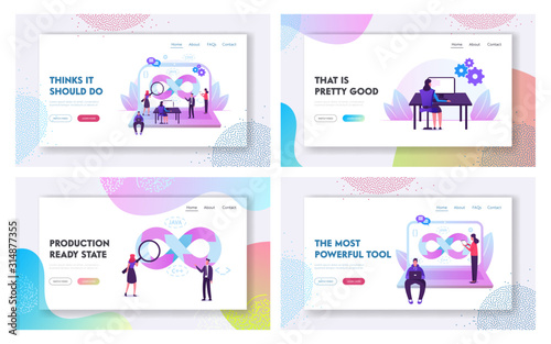 Devops Teamwork Website Landing Page Set. Programmer, User and Administrator Professional Software Support, Software Development and Administration Web Page Banner. Cartoon Flat Vector Illustration