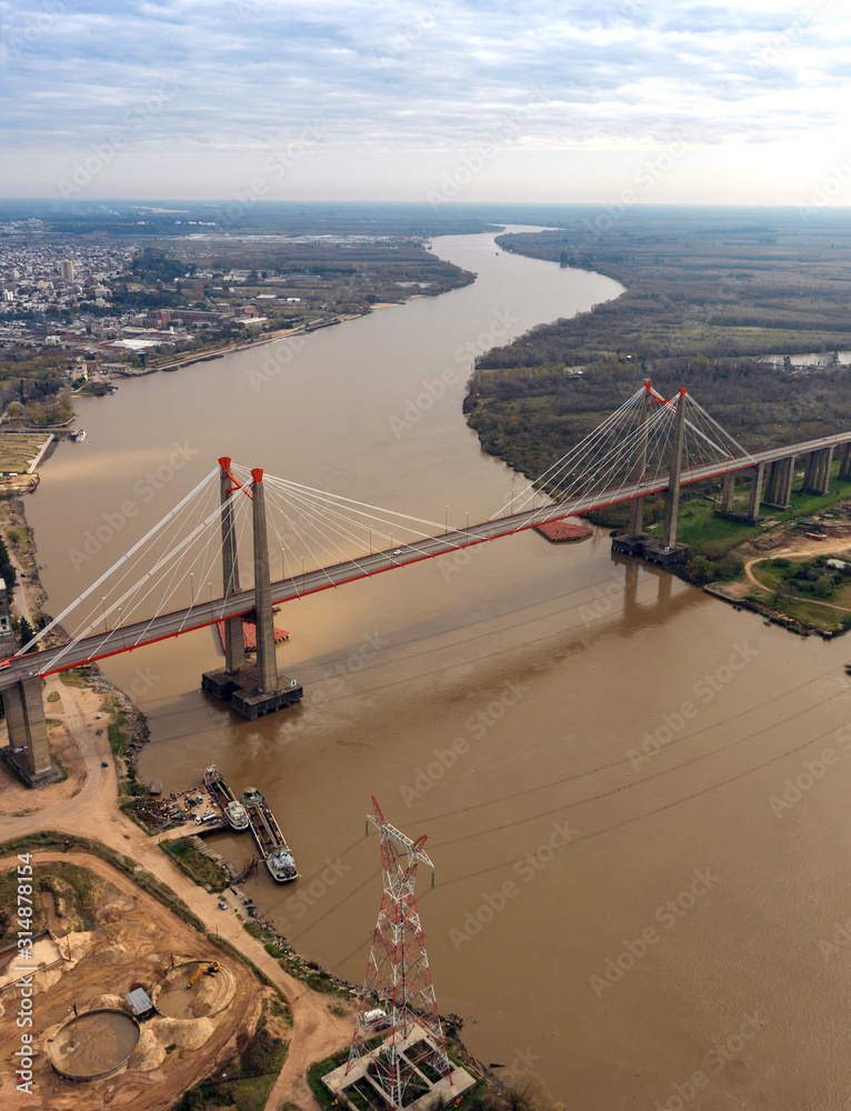 The Zarate Brazo Largo Bridges are two cable-stayed road and railway  bridges in Argentina, crossing the Parana River between the cities of Zarate,  Buenos Aires, and Brazo Largo, Entre Rios. Stock Photo