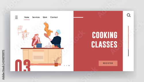 Culinary Class Workshop Website Landing Page. Man and Woman in Chef Aprons and Toques Cooking on Kitchen Healthy Dinner, Tutorial Prepare Natural Food Web Page Banner. Cartoon Flat Vector Illustration