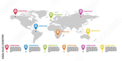 Modern infographic tempalte with world map icon. Point location for website