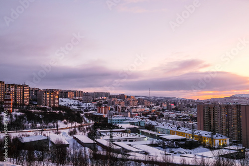 Murmansk, Russia - January, 5, 2020: landscape with the .image of Murmansk, the largest city in the Arctic, during the polar night