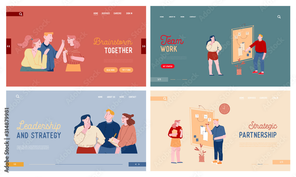 Brainstorm and Productive Communication Website Landing Page Set. Office People Communicate, Goal Achievement with Kanban Technology, Scrum Board Web Page Banner. Cartoon Flat Vector Illustration Brainstorm and Productive Communication Website Landing Page Set. Office People Communicate, Goal Achievement with Kanban Technology, Scrum Board Web Page Banner. Cartoon Flat Vector Illustration
