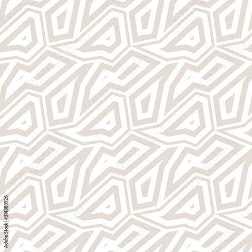 Subtle abstract geometric seamless pattern. Vector minimalist background with mosaic elements, angular shapes, broken lines. Simple white and beige repeat texture. Design for decor, wallpapers, fabric