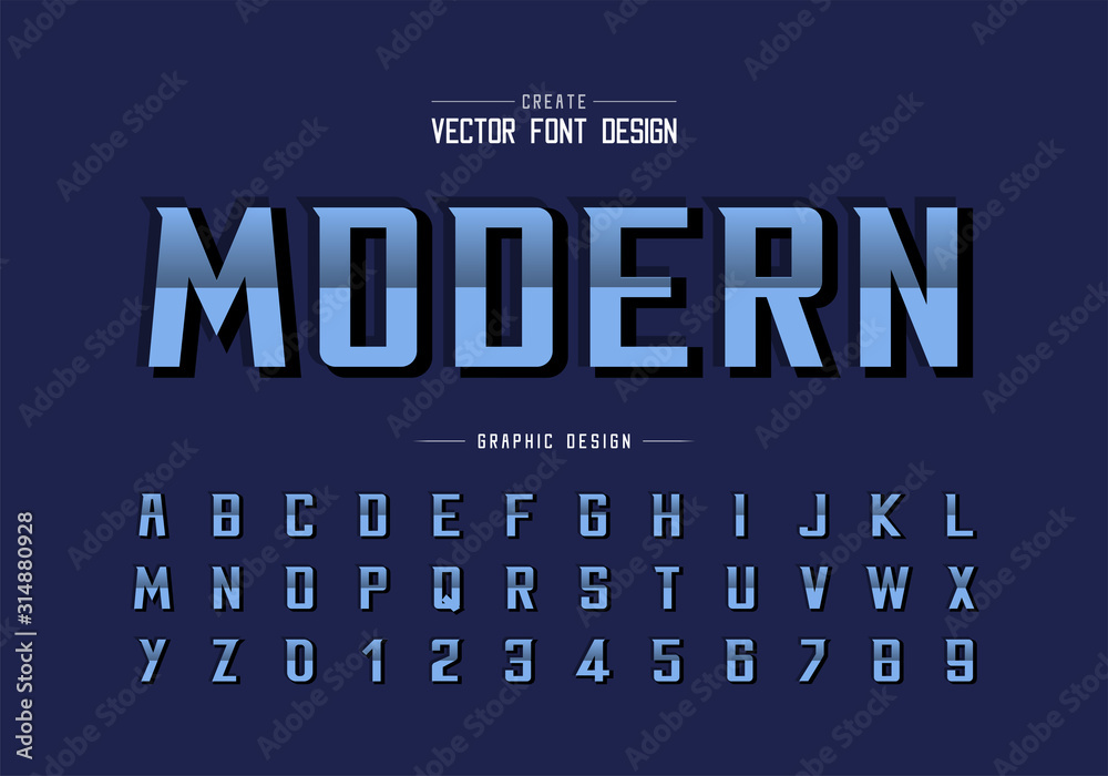 Reflective font and bold alphabet vector, Gradient modern typeface and letter number design