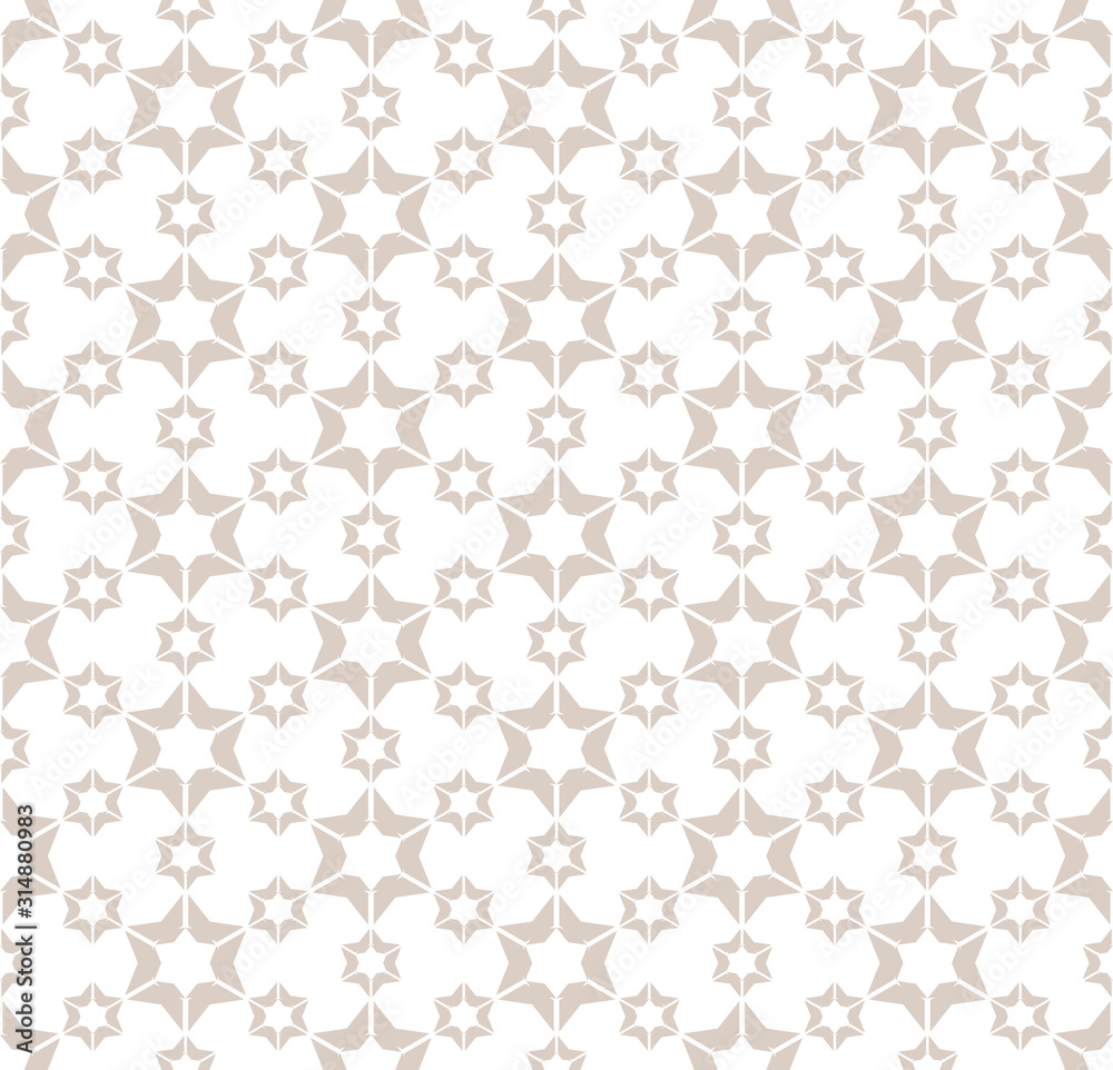 Vector abstract geometric seamless pattern with flower shapes, stars, snowflakes. Simple floral background in white and beige colors. Subtle minimal repeat texture. Design for decor, print, wallpapers