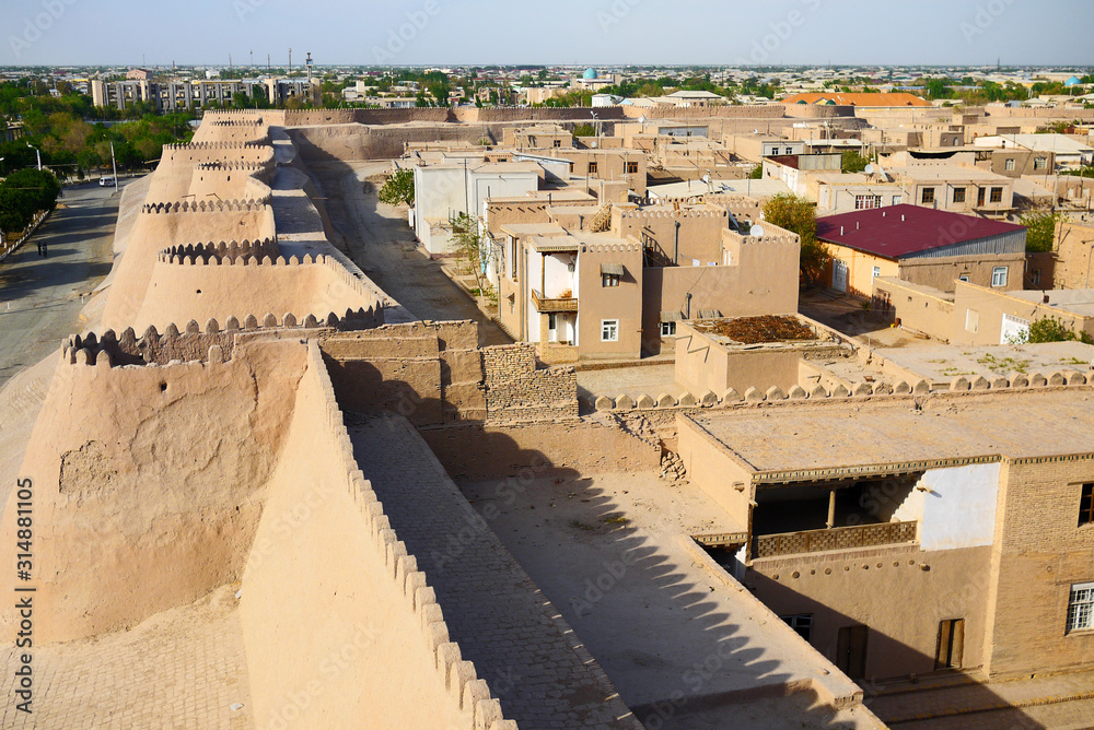 Aerial view of city wall enclosing the inner city of Khiva, Uzbekistan.