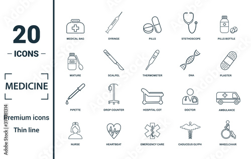 Medicine icon set. Include creative elements medical bag, pills, mixture, dna, pipette icons. Can be used for report, presentation, diagram, web design