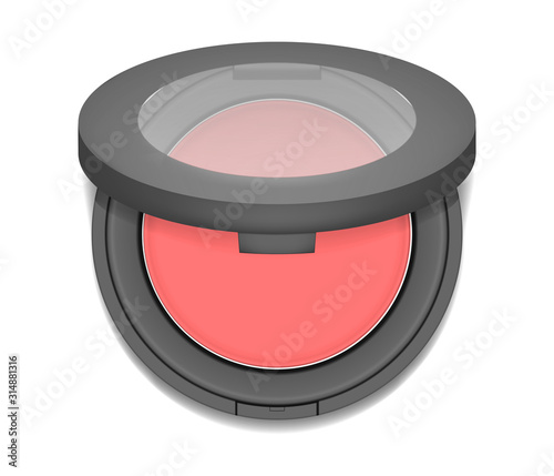 Makeup product packaging. Make-up blush open round case top view, realistic vector illustration