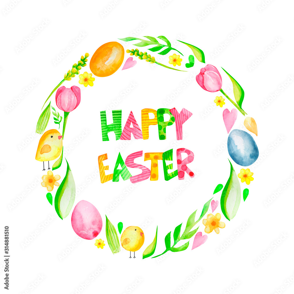 Watercolor easter illustration. easter frame with eggs and tulip flowers isolated on white background. Greeting card, poster. easter holidays. For your design Watercolor easter illustration. easter frame with eggs and tulip flowers isolated on white background. Greeting card, poster. easter holidays. For your design